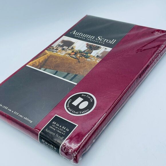 Fall Style Autumn Scroll Wine Cranberry Damask Oblong Oval Tablecloth 60” x 84” - Picture 8 of 8